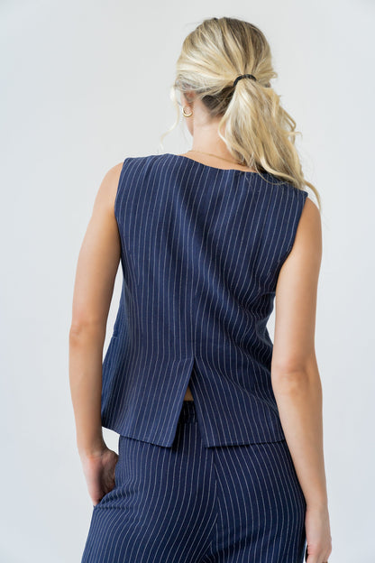 Vivienne Pinstripe Sleeveless Vest in Navy