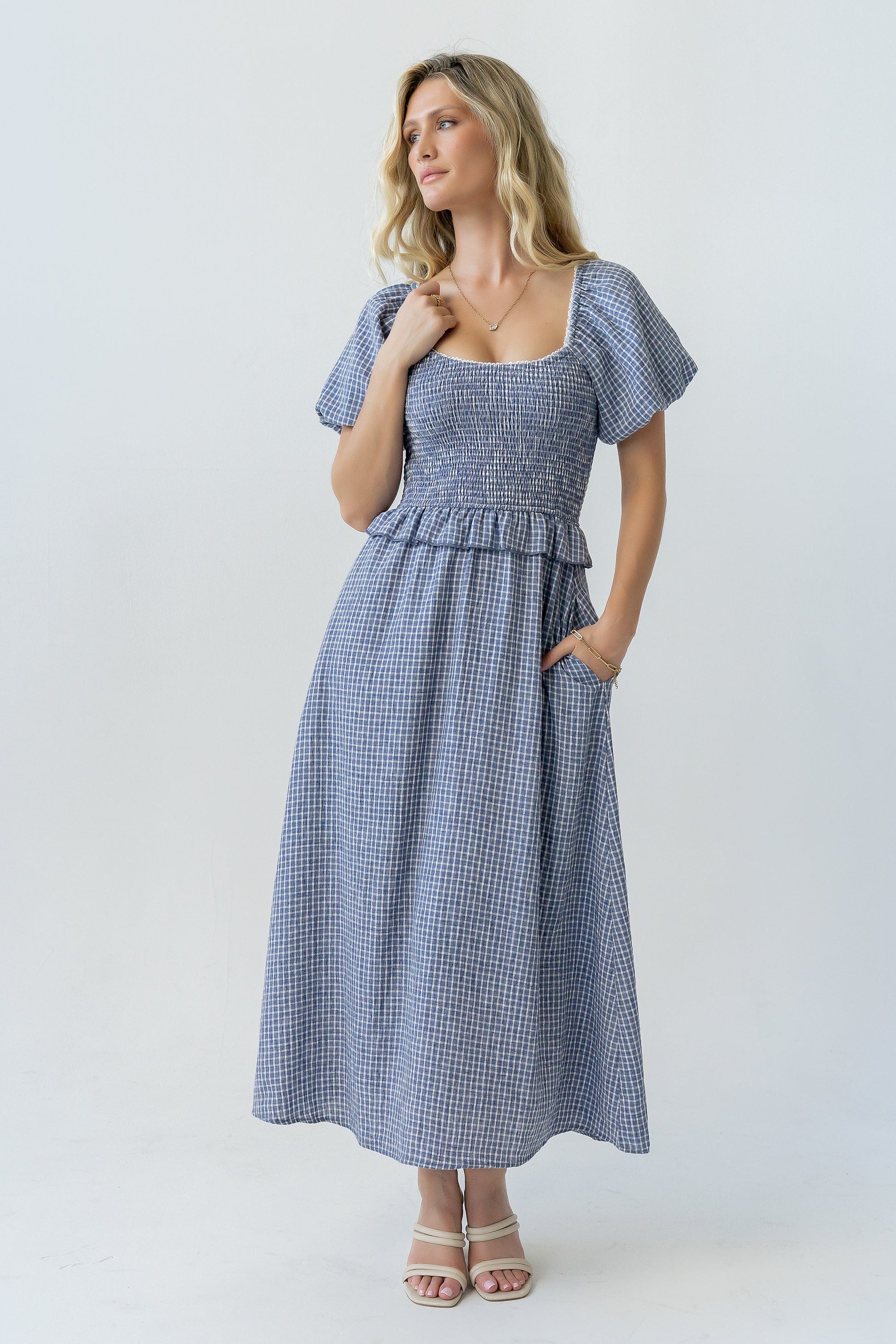 Renley Plaid Midi Dress in Navy