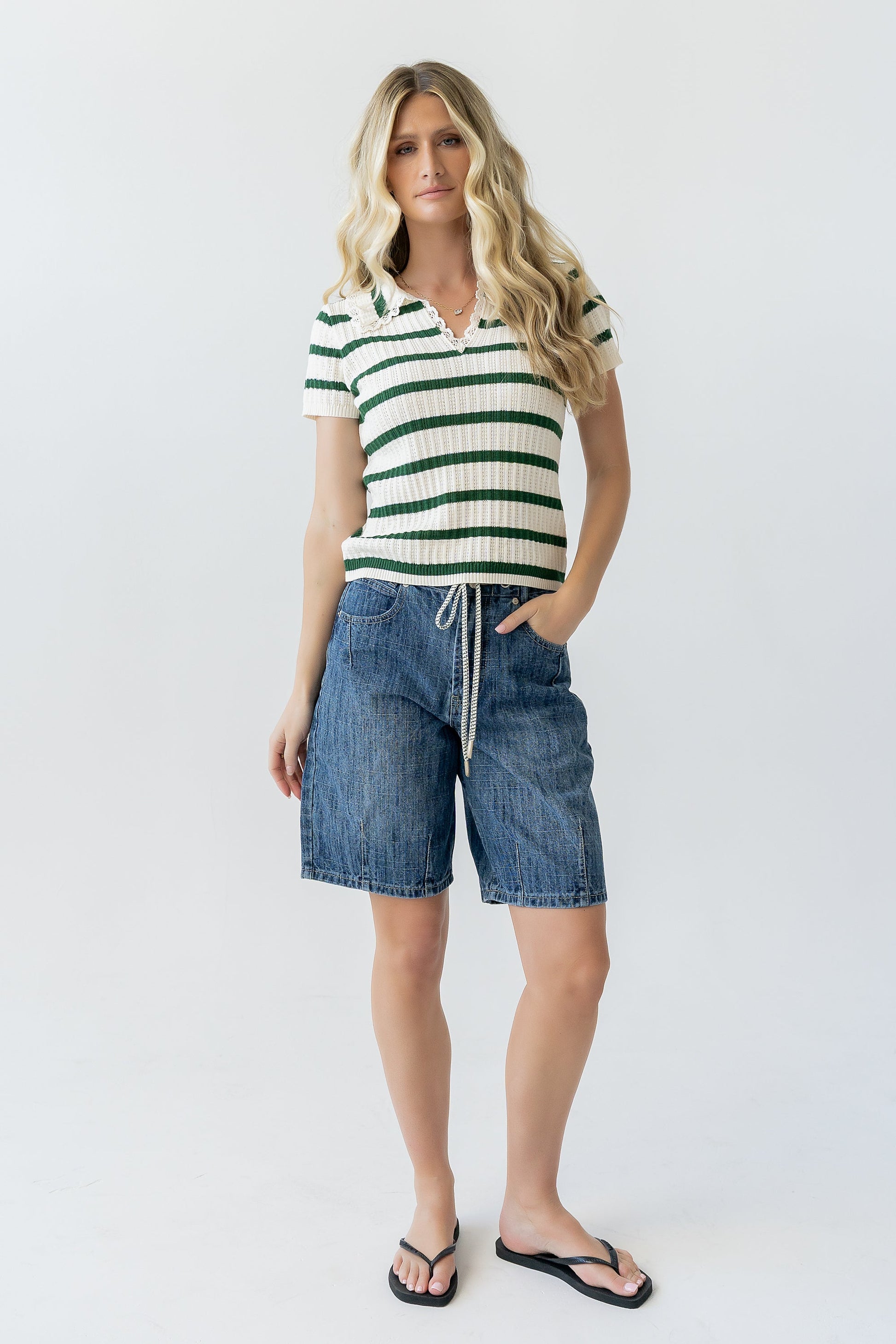 Tess Striped Collared Top in Green