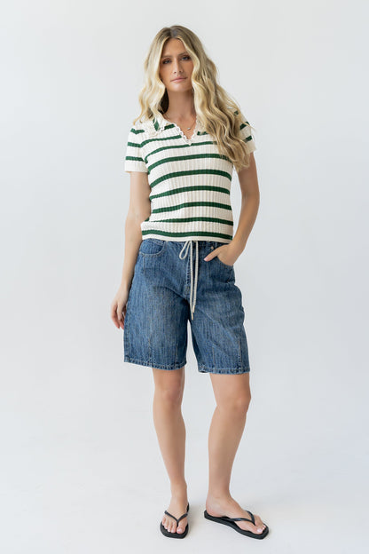 Tess Striped Collared Top in Green