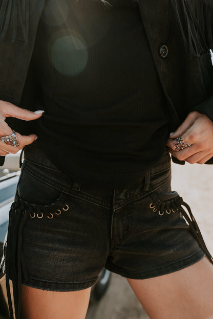 Leia Fringe Micro Shorts in Black
