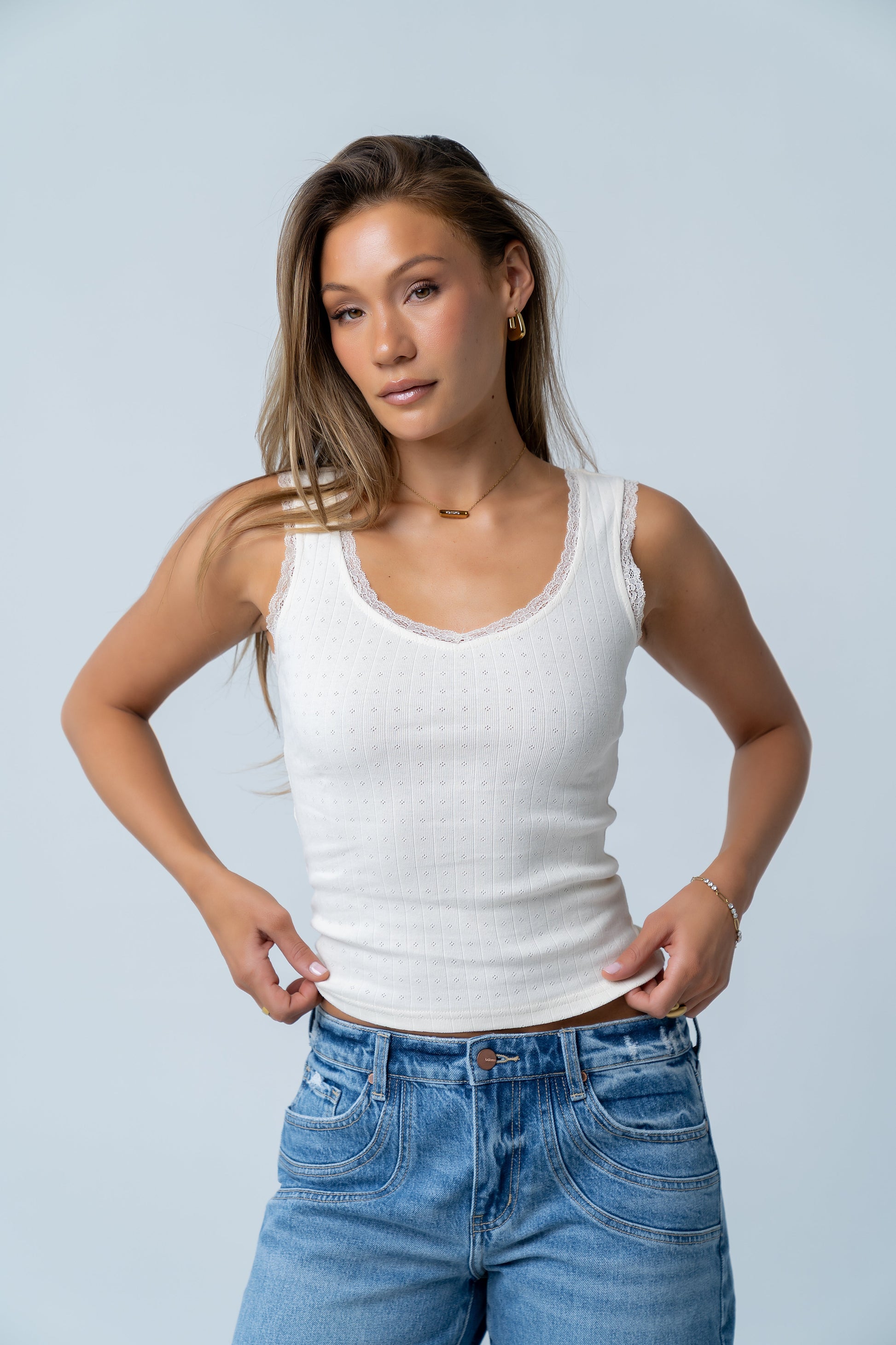 Mackie Lace Trim Tank in Heather Grey