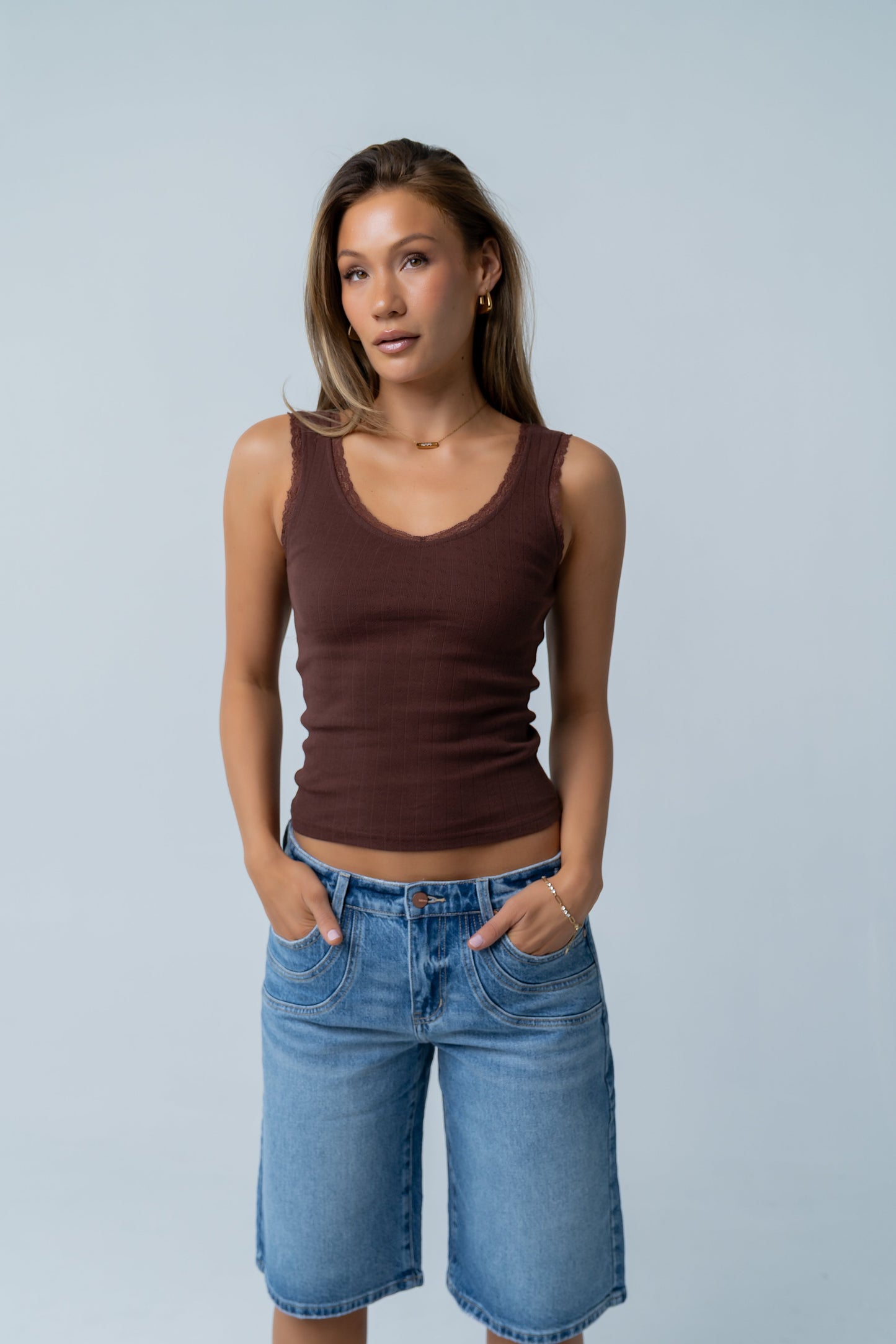 Mackie Lace Trim Tank in Brown