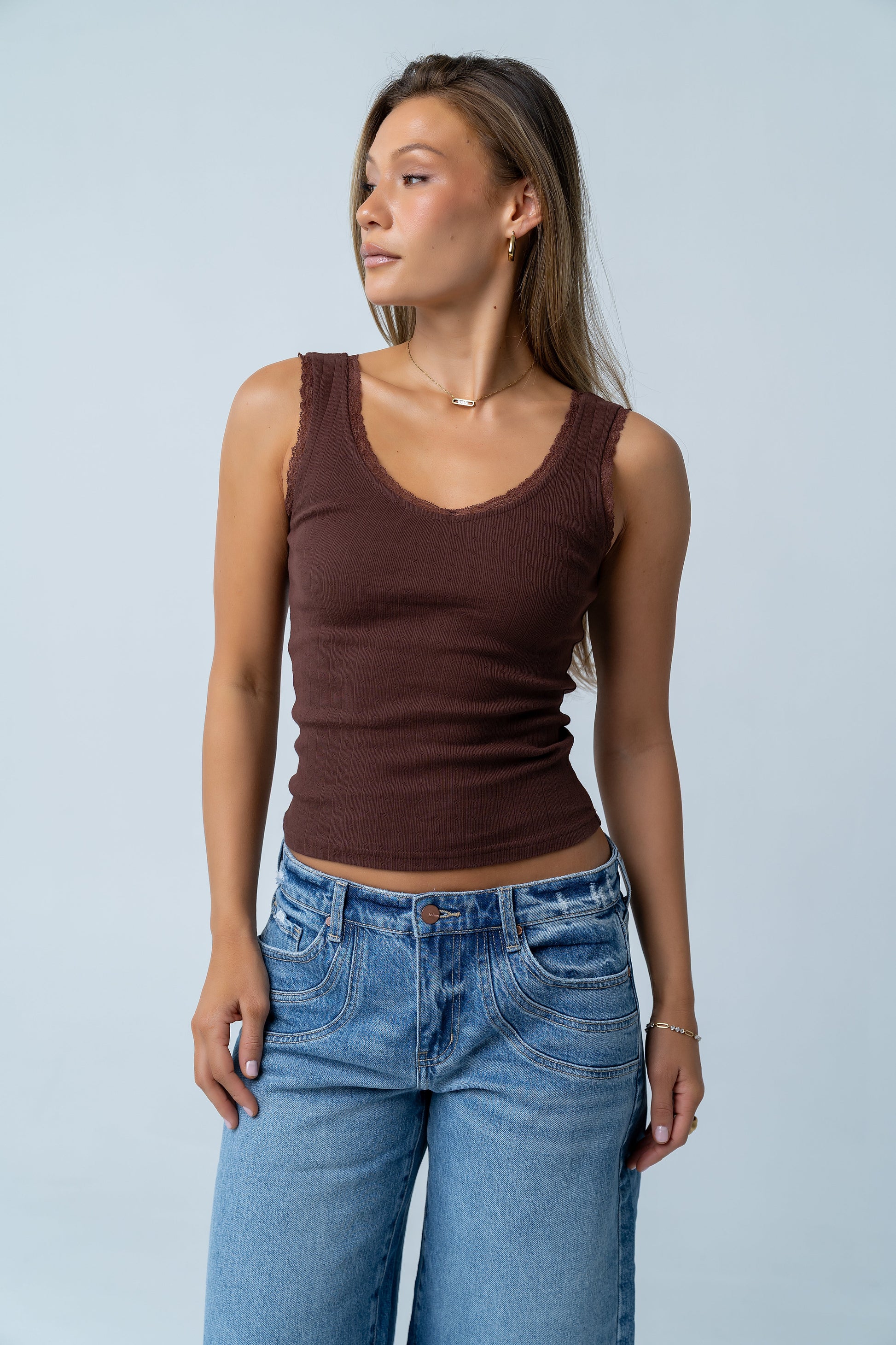 Mackie Lace Trim Tank in Brown