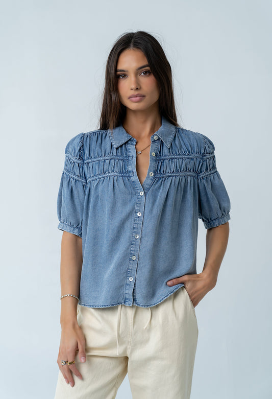 Whitney Button Up Blouse in Medium Wash