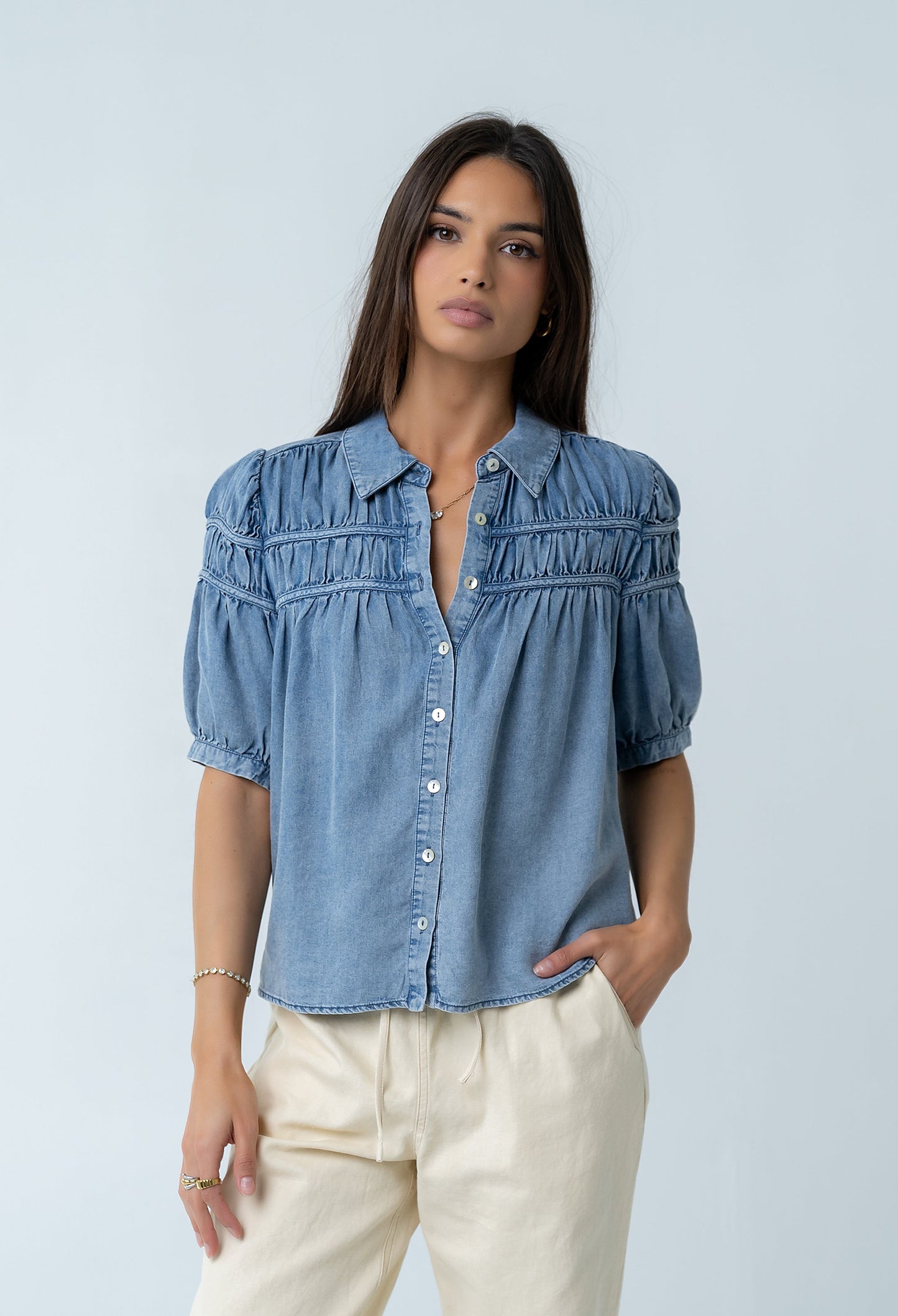 Whitney Button Up Blouse in Medium Wash