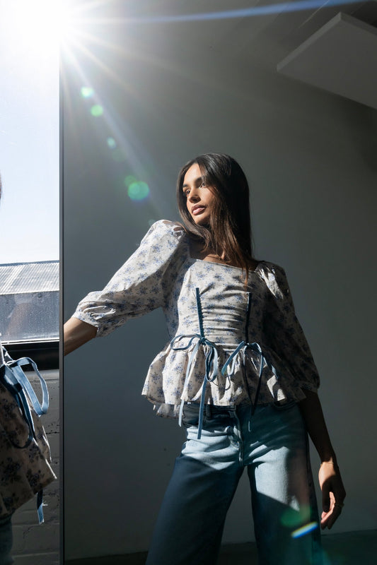 Jerzey Floral Peplum Blouse in Ecru